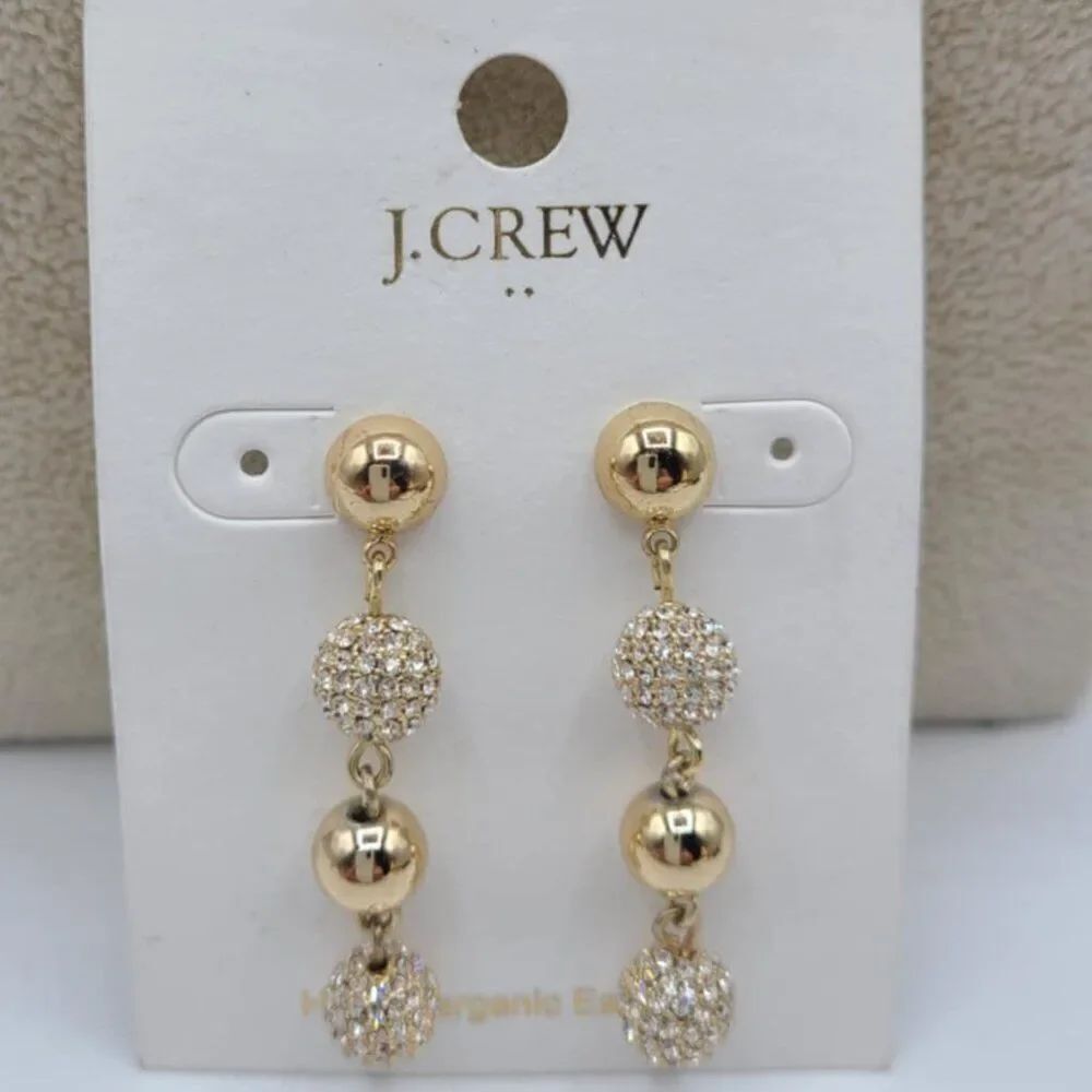 J Crew Factory Pave Crystal Gold Tone Ball Linear Drop Earrings NWT!  NEW!